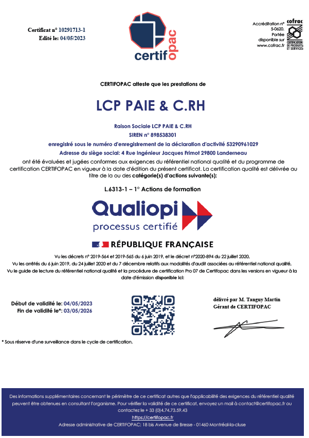 Certificat Qualiopi LCP PAIE & C.RH