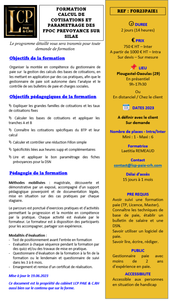 Formation Calcul cotisations et paramétrage FPOC prévoyance LCP PAIE & C.RH