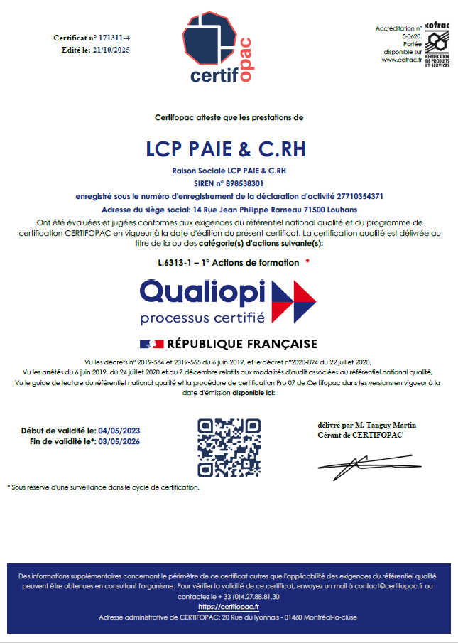 LCP PAIE & C.RH Certificat qualiopi